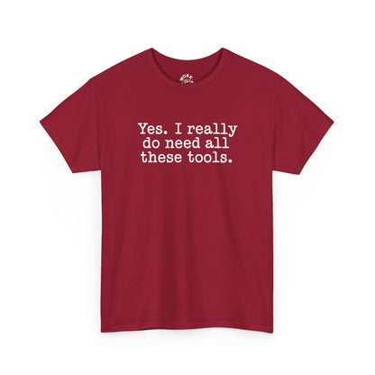 Red t-shirt with white text on a white background