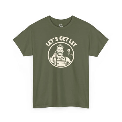 Green t-shirt with 'Let's Get Lit' graphic on a white background