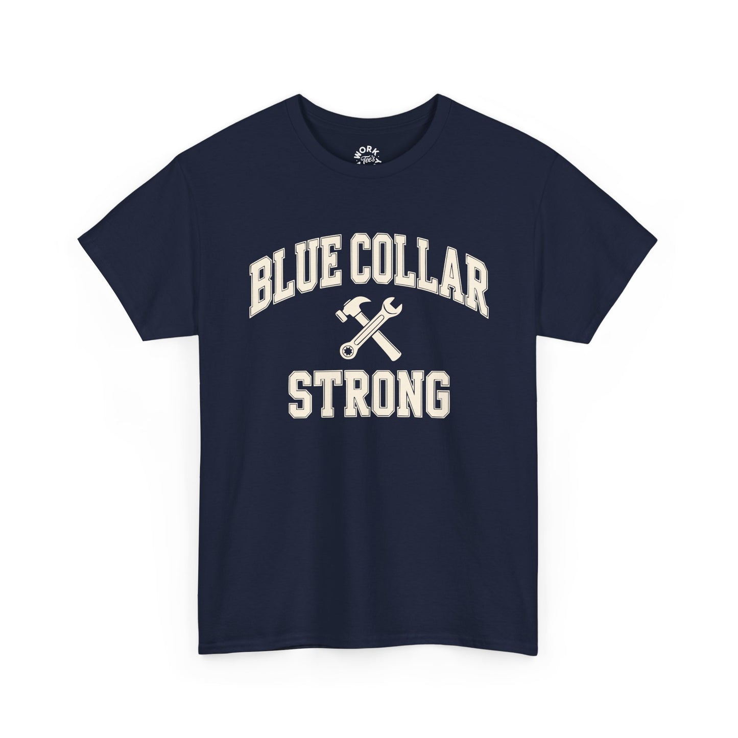 Navy blue t-shirt with 'Blue Collar Strong' text and wrench graphic on a white background