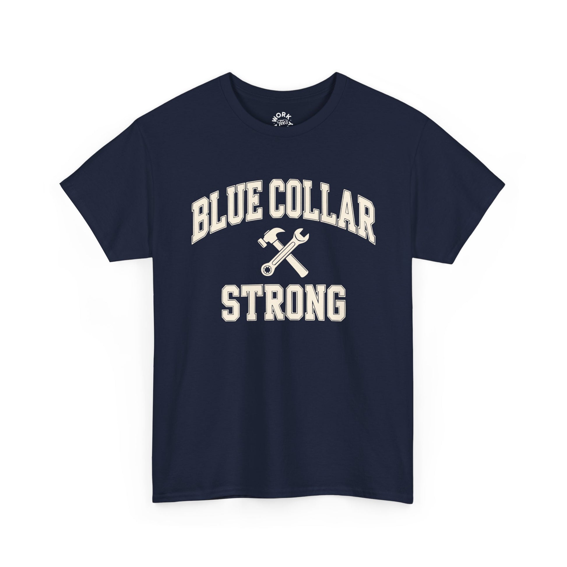Navy blue t-shirt with 'Blue Collar Strong' text and wrench graphic on a white background