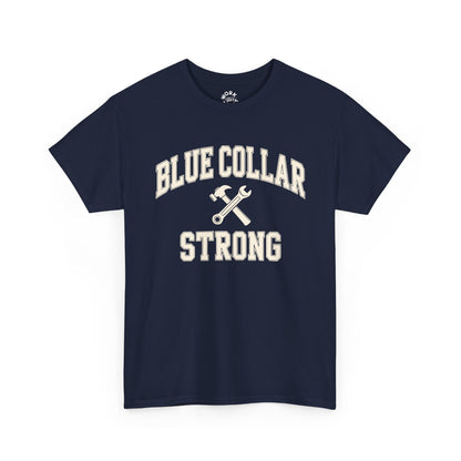 Navy blue t-shirt with 'Blue Collar Strong' text and wrench graphic on a white background
