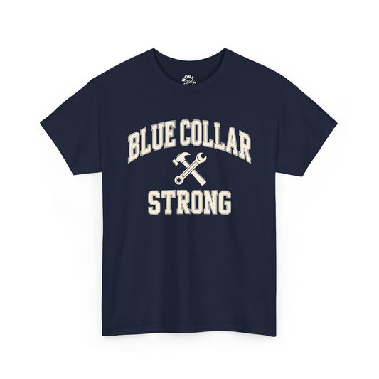 Navy blue t-shirt with 'Blue Collar Strong' text and wrench graphic on a white background