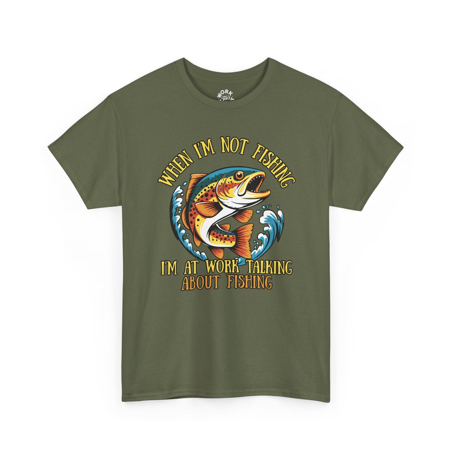 Green t-shirt with fishing graphic and text on a white background