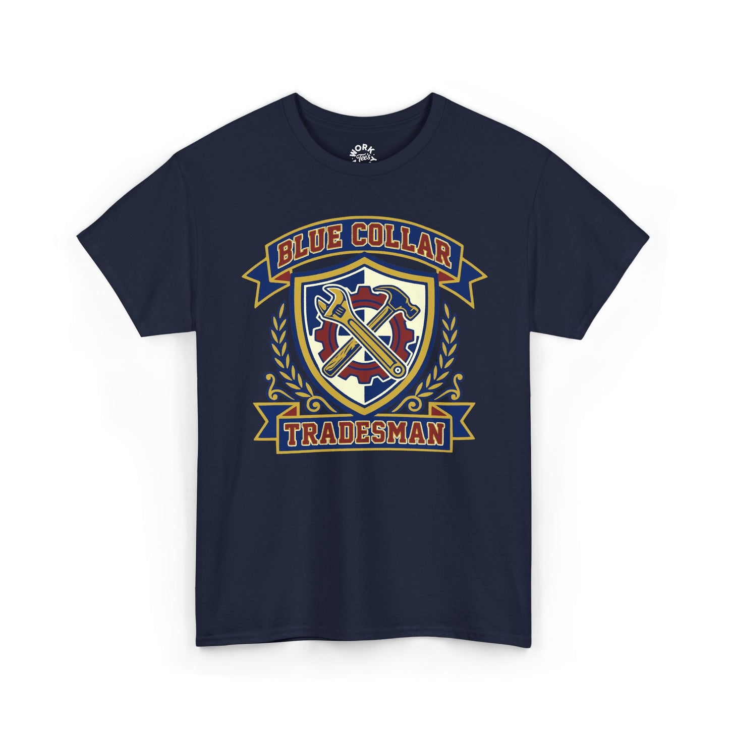 Navy blue t-shirt with 'Blue Collar Tradesman' graphic on a white background