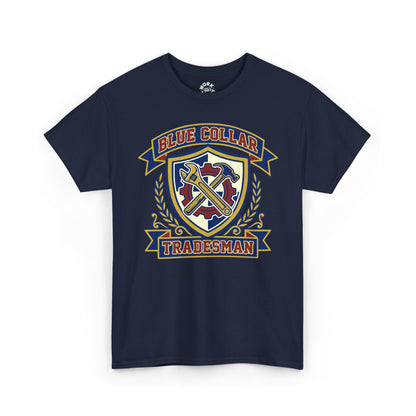 Navy blue t-shirt with 'Blue Collar Tradesman' graphic on a white background