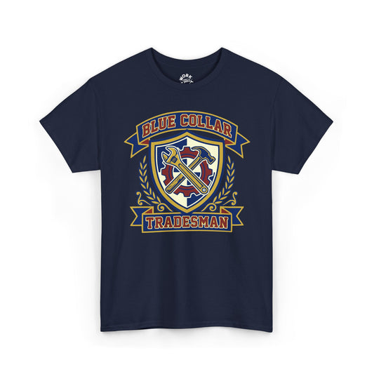 Navy blue t-shirt with 'Blue Collar Tradesman' graphic on a white background