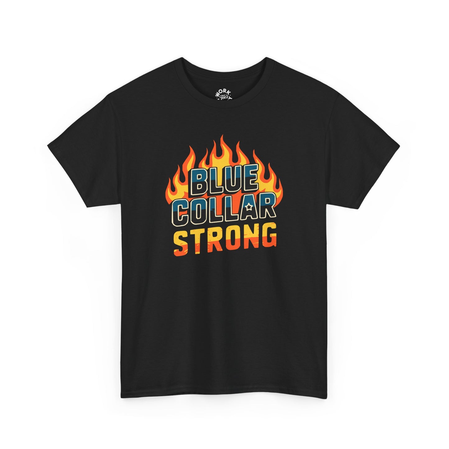 Black t-shirt with 'Blue Collar Strong' graphic on a white background