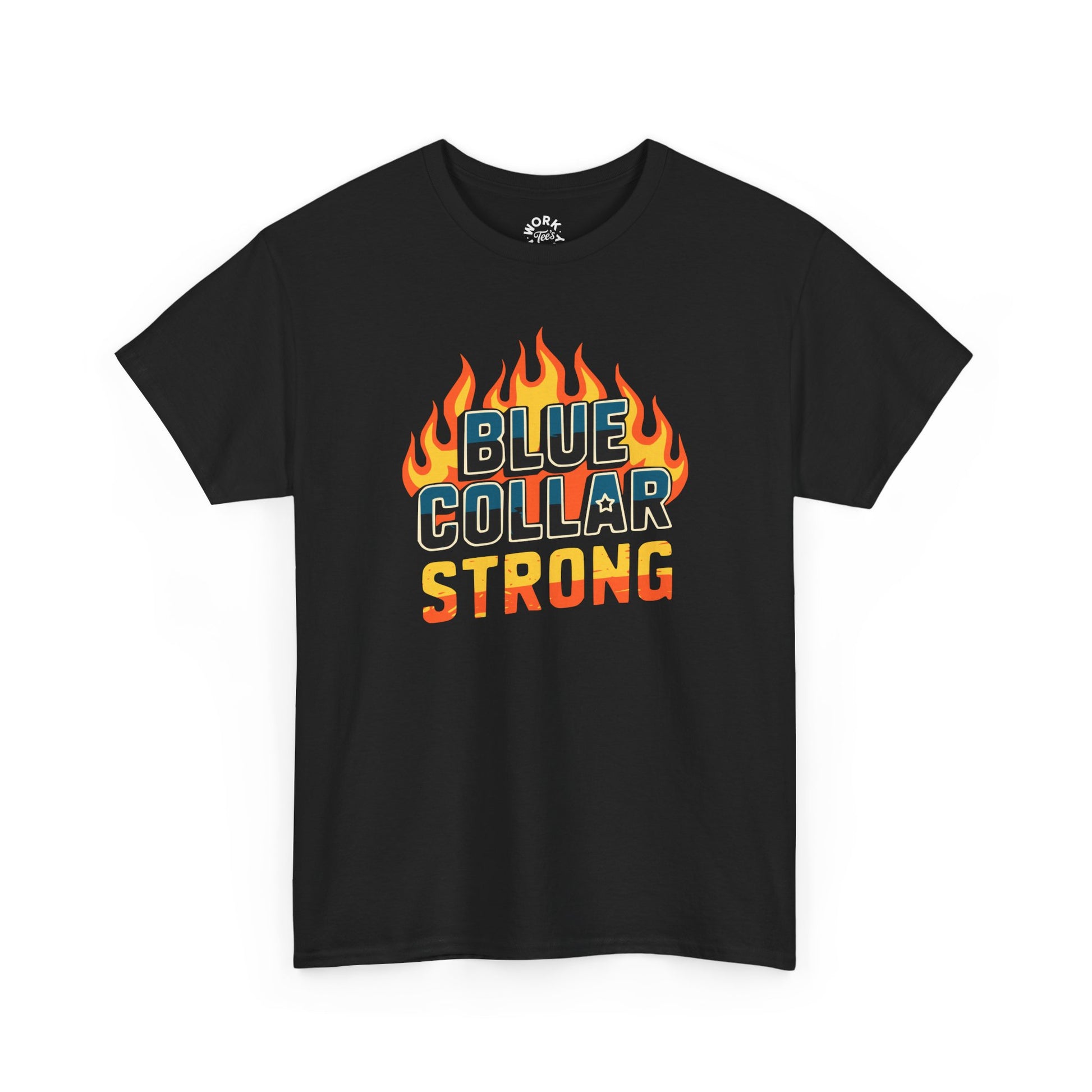Black t-shirt with 'Blue Collar Strong' graphic on a white background