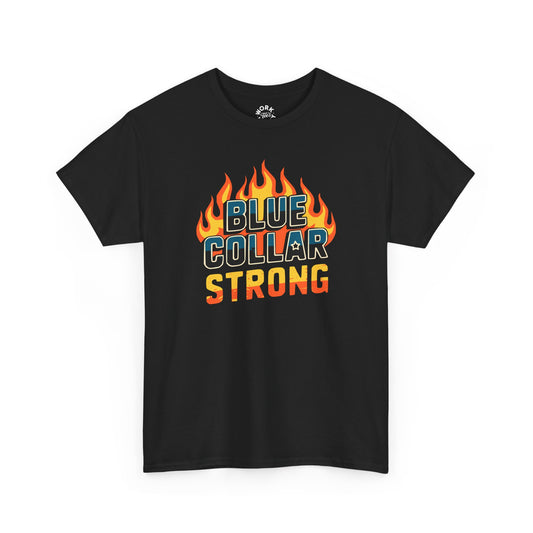 Black t-shirt with 'Blue Collar Strong' graphic on a white background