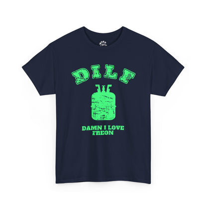 Navy blue t-shirt with green graphic and text on a white background