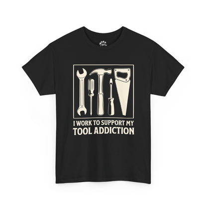 Black t-shirt with tool graphic and text on a white background