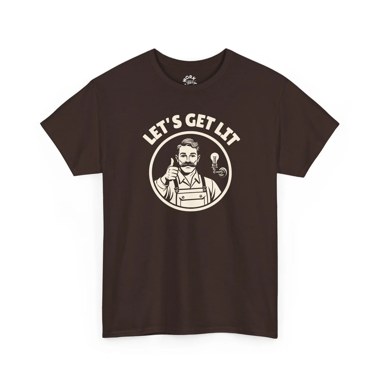 Brown t-shirt with graphic design and text 'LET'S GET LIT' on a white background