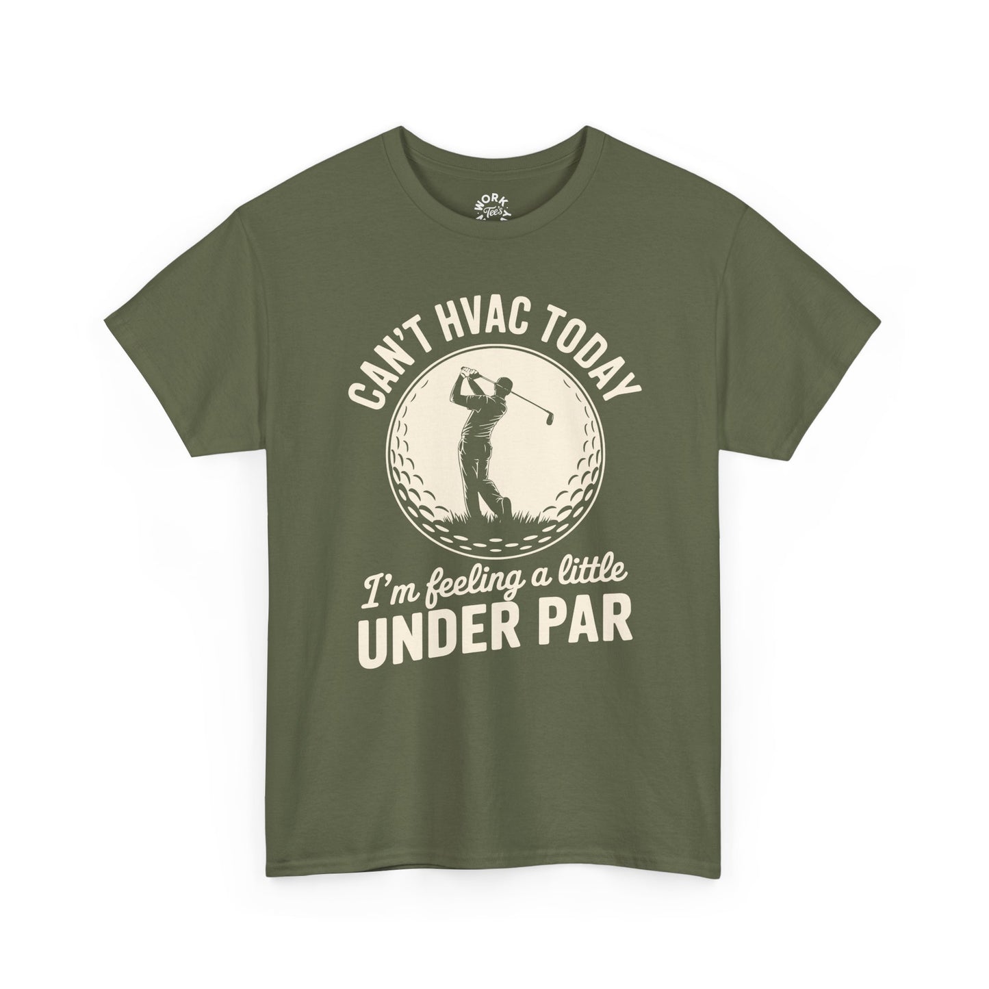 Green t-shirt with golf graphic and text on a white background