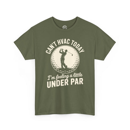 Green t-shirt with golf graphic and text on a white background