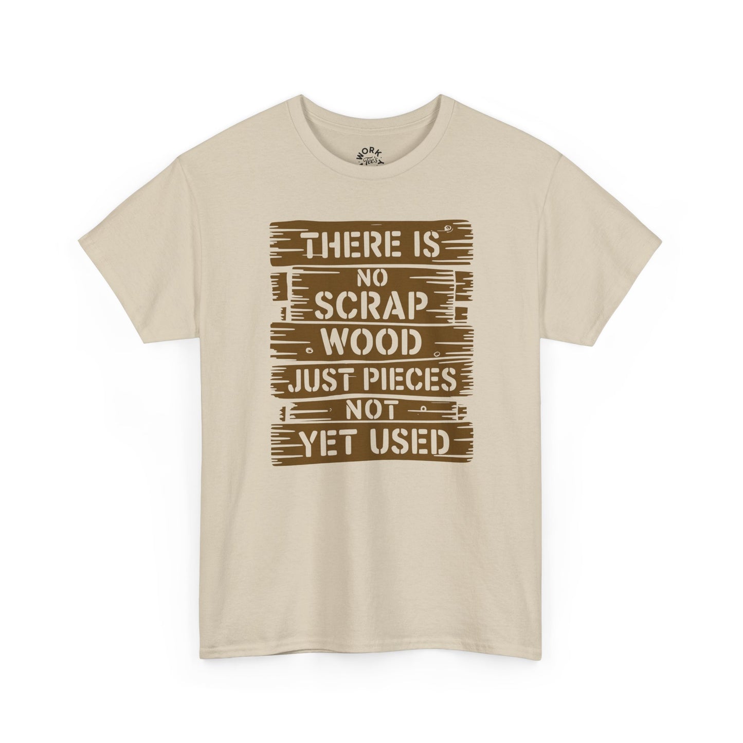 Beige t-shirt with brown text design on a white background