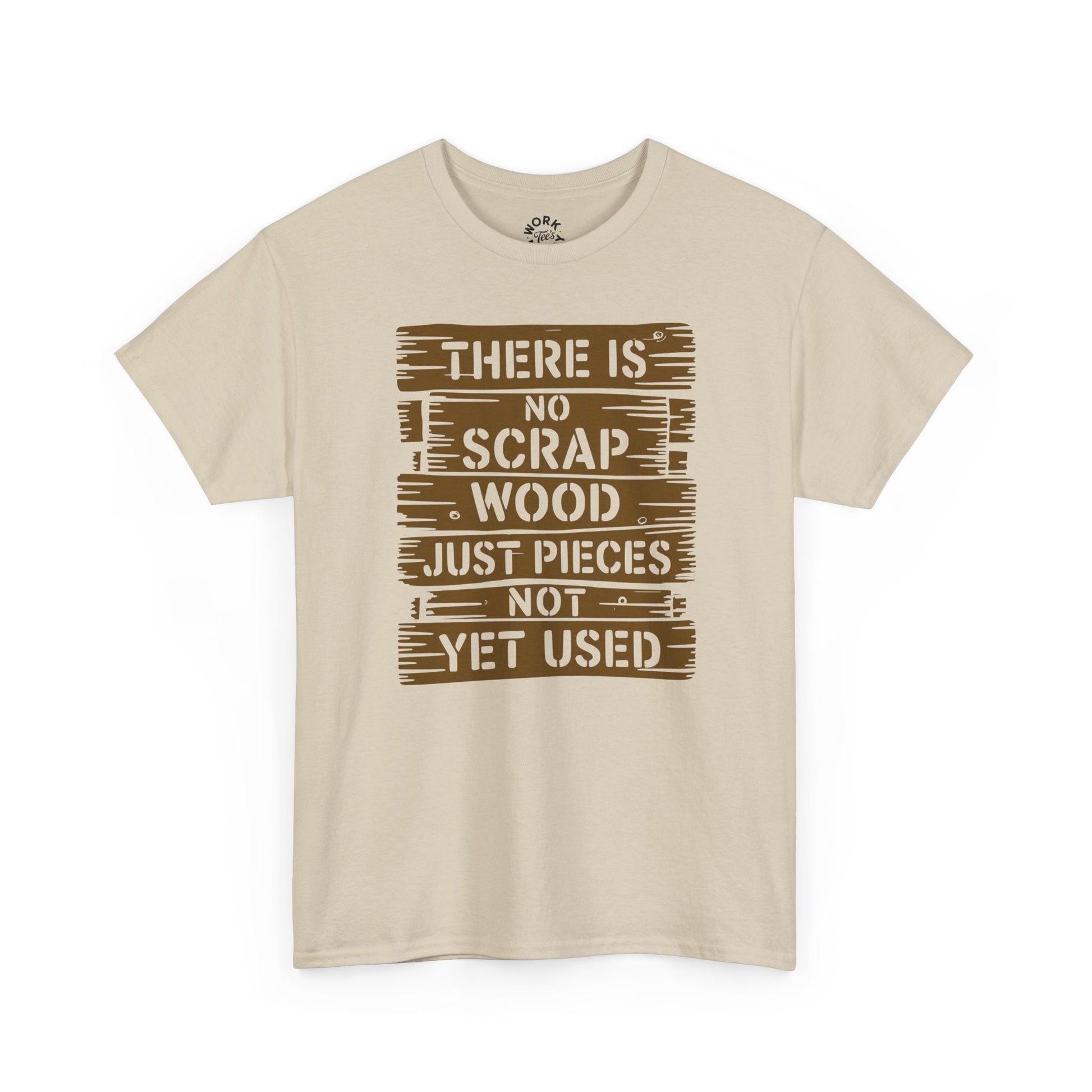 Beige t-shirt with brown text design on a white background