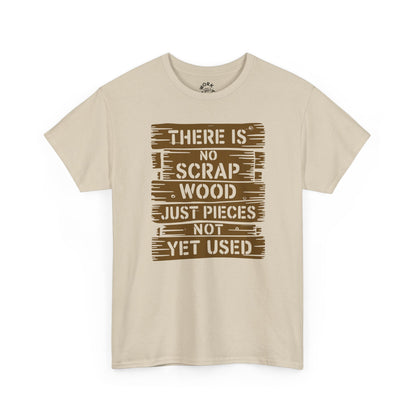Beige t-shirt with brown text design on a white background