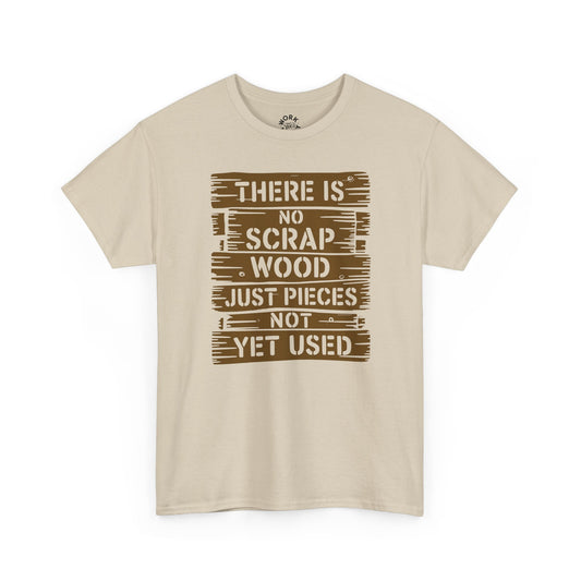 Beige t-shirt with brown text design on a white background