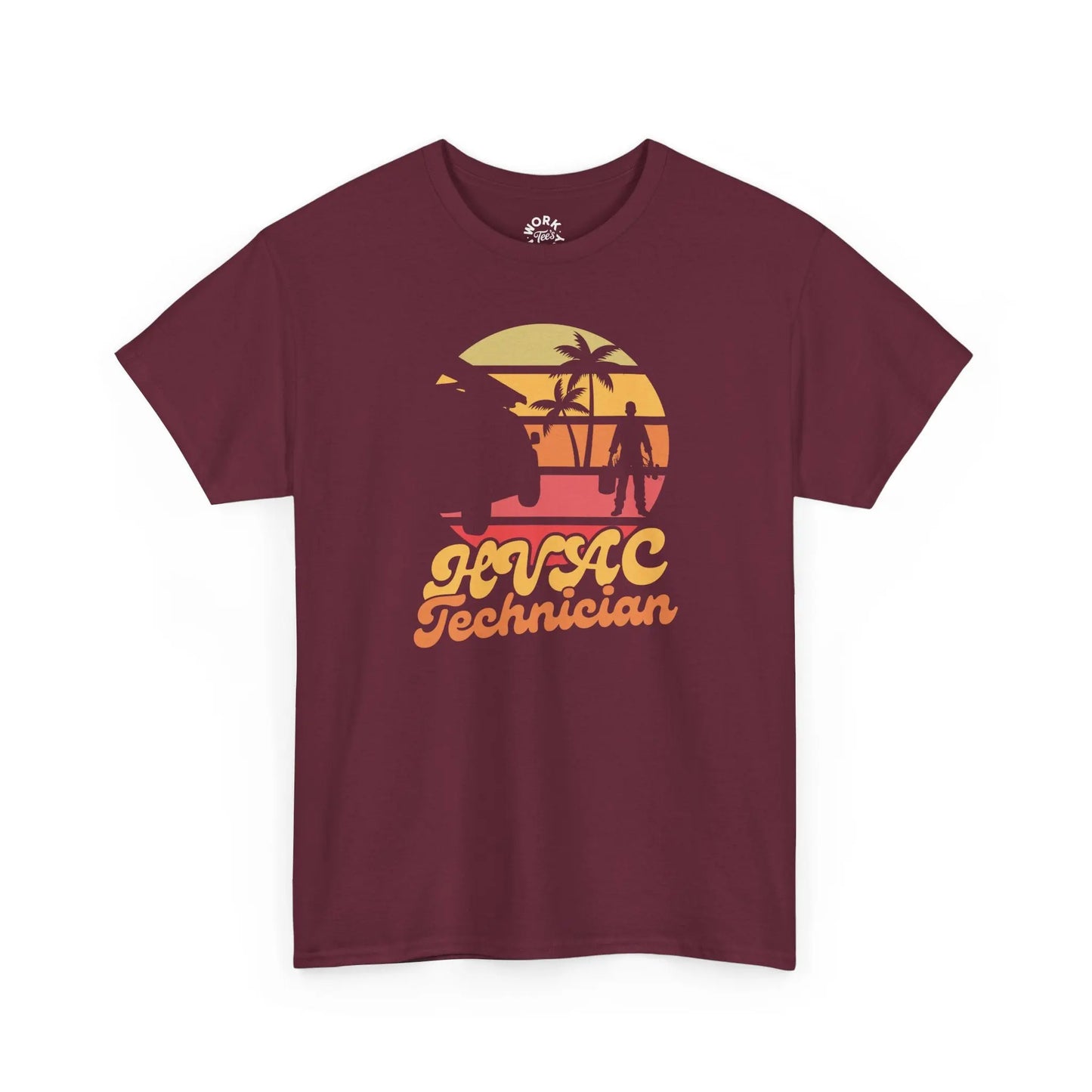 Maroon t-shirt with 'HVAC Technician' graphic on a white background