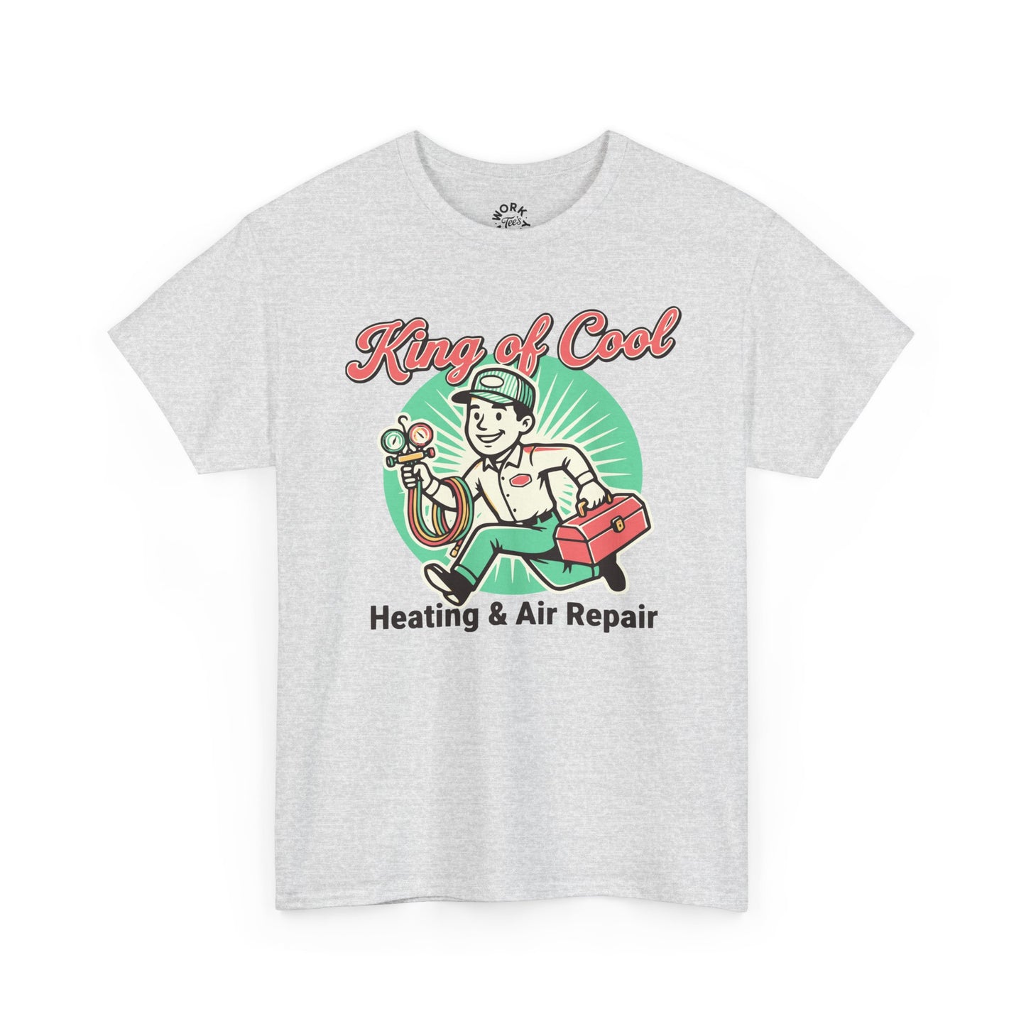 Gray t-shirt with 'King of Cool Heating & Air Repair' graphic on a white background