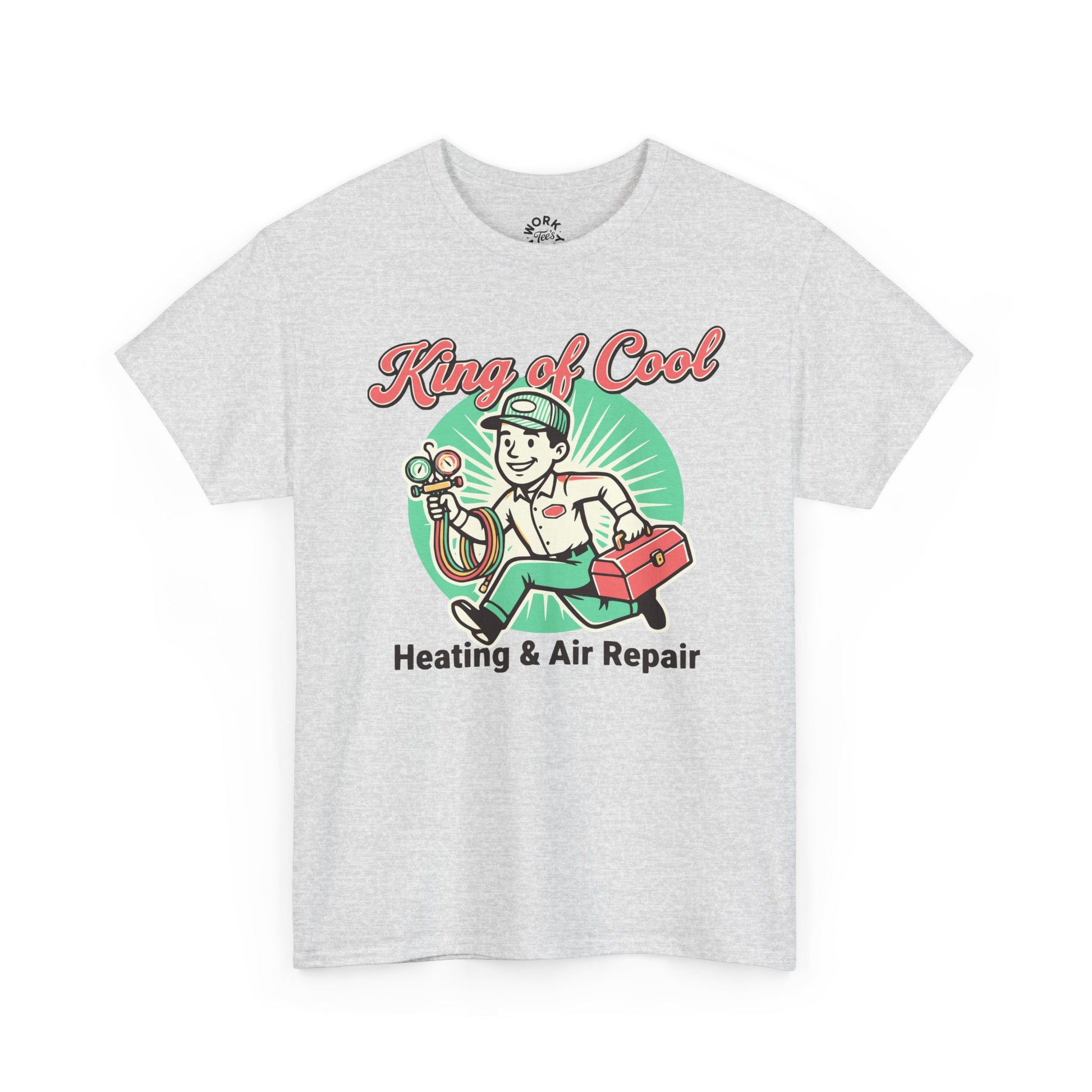 Gray t-shirt with 'King of Cool Heating & Air Repair' graphic on a white background
