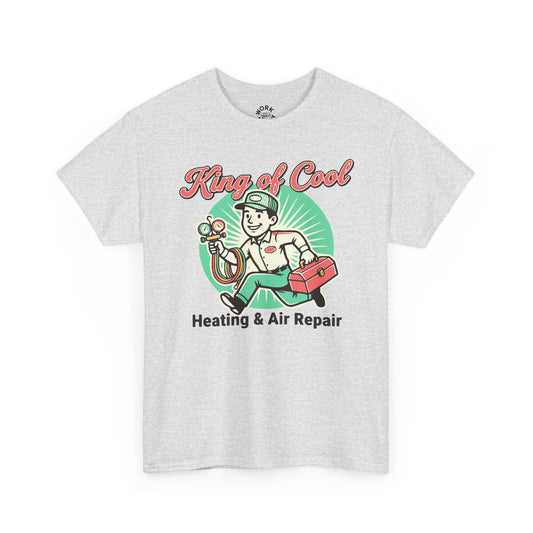 Gray t-shirt with 'King of Cool Heating & Air Repair' graphic on a white background