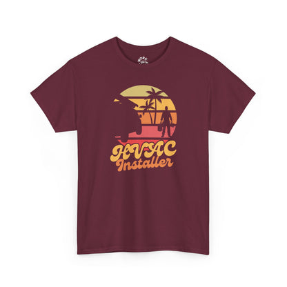 Maroon t-shirt with 'HVAC Installer' graphic on a white background