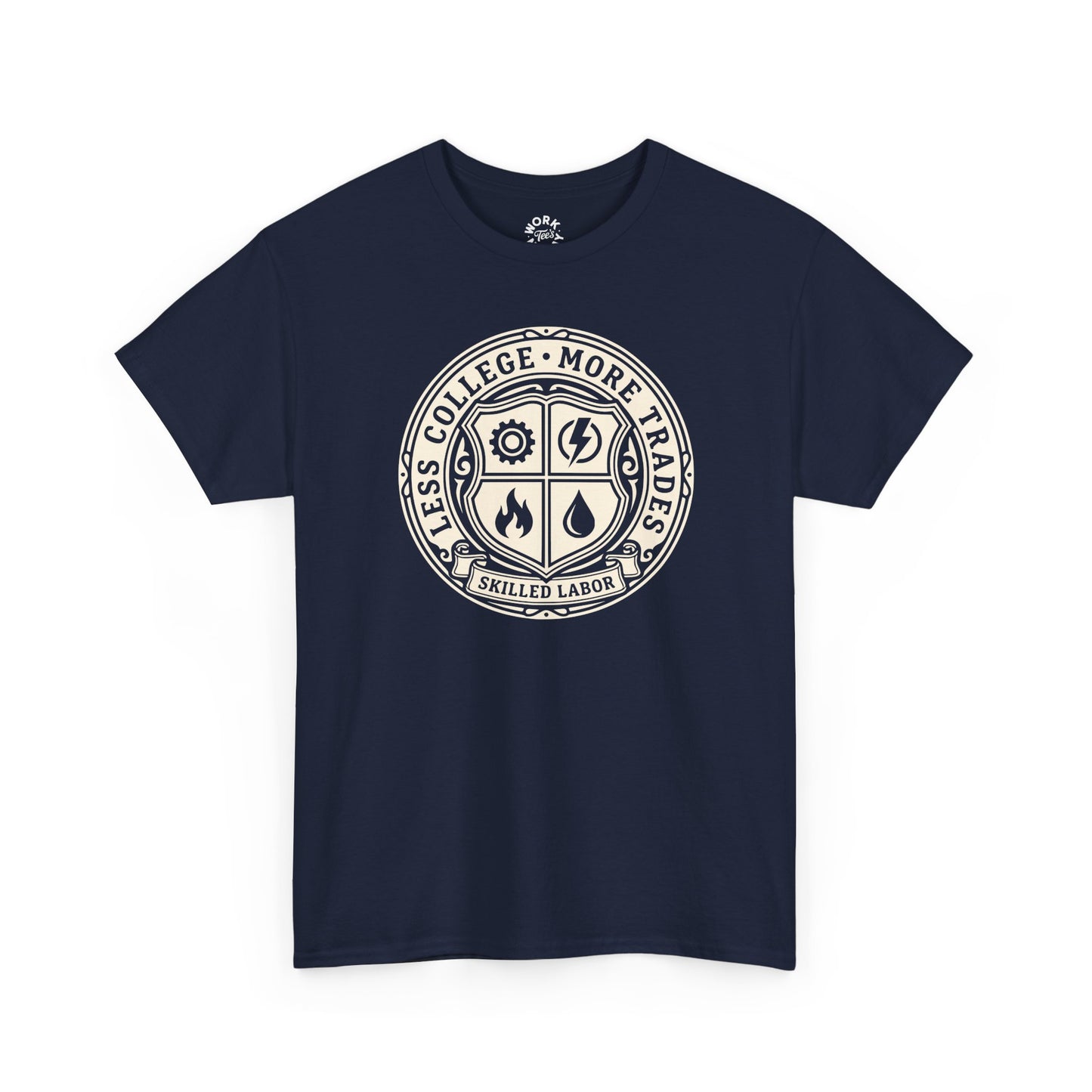 Navy blue t-shirt with a white emblem and text on a white background