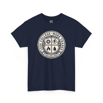 Navy blue t-shirt with a white emblem and text on a white background