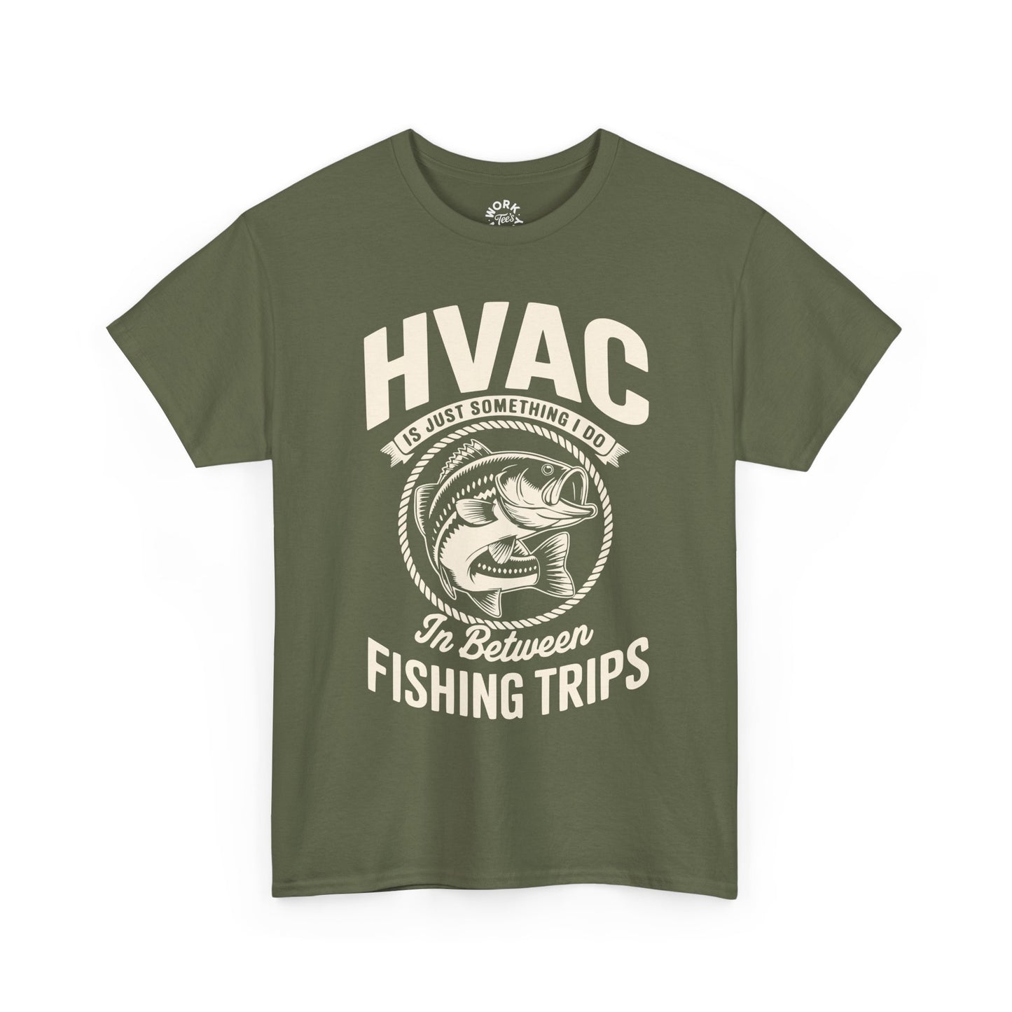 Green t-shirt with HVAC fishing graphic design on a white background