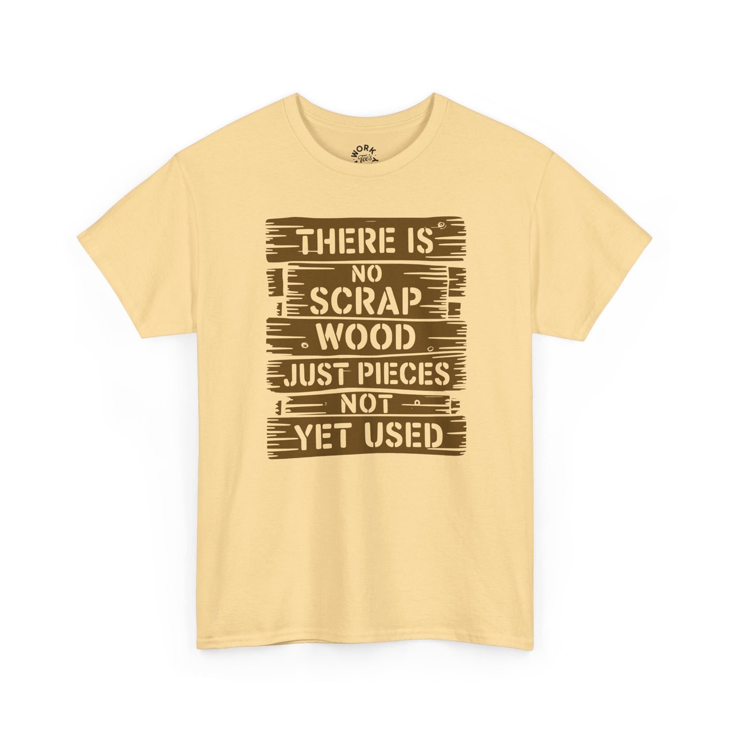 Beige t-shirt with brown text design on a white background
