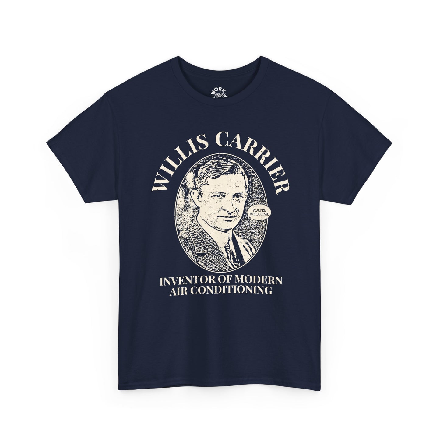 Navy blue t-shirt with a graphic of Willis Carrier and text on a white background
