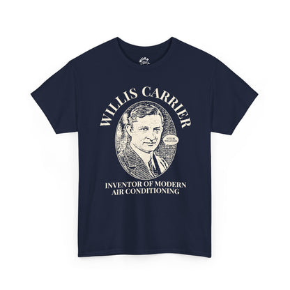 Navy blue t-shirt with a graphic of Willis Carrier and text on a white background