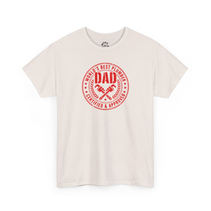 Beige t-shirt with red 'DAD' graphic and text on a white background