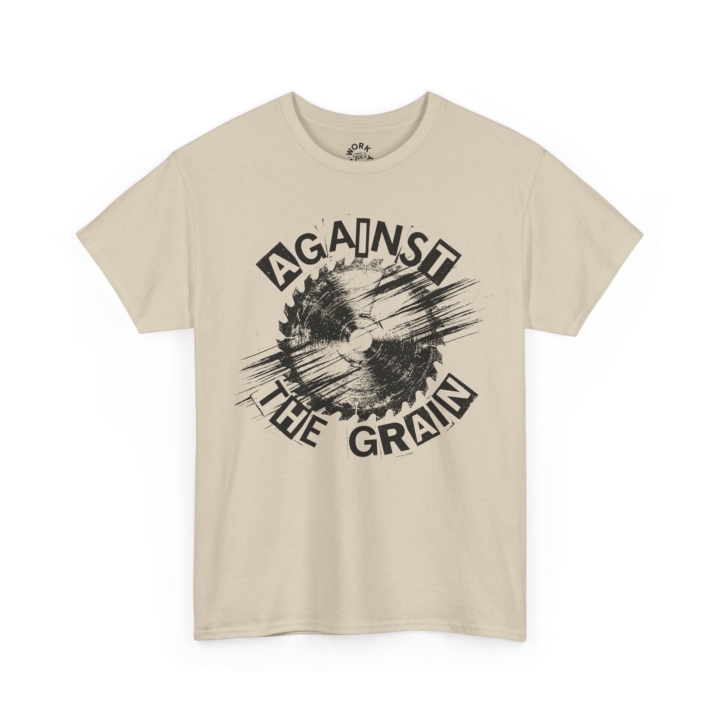 Beige t-shirt with 'Against the Grain' graphic design on a white background