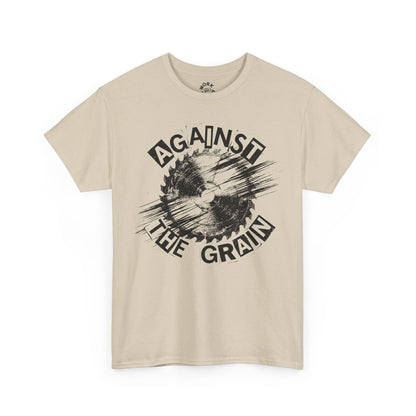 Beige t-shirt with 'Against the Grain' graphic design on a white background