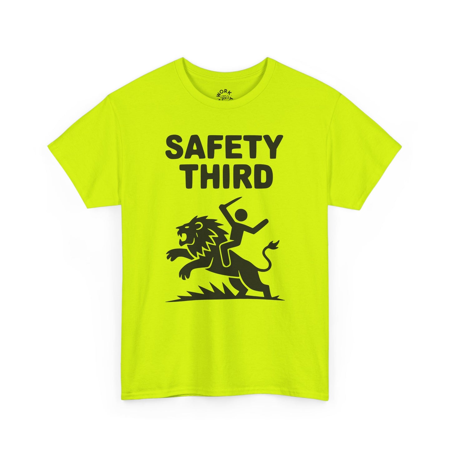 Bright yellow t-shirt with 'Safety Third' text and lion graphic on a white background