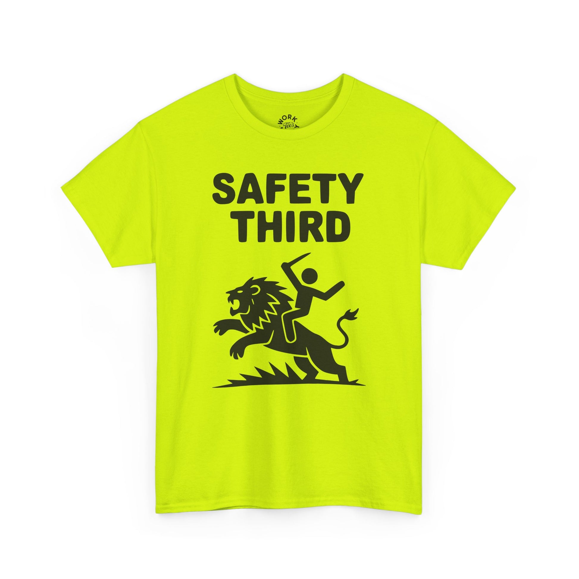 Bright yellow t-shirt with 'Safety Third' text and lion graphic on a white background