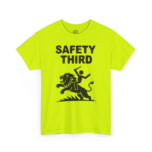 Bright yellow t-shirt with 'Safety Third' text and lion graphic on a white background