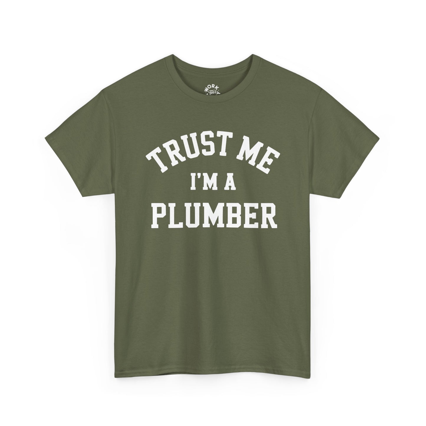 Green t-shirt with 'Trust Me I'm a Plumber' text on a white background