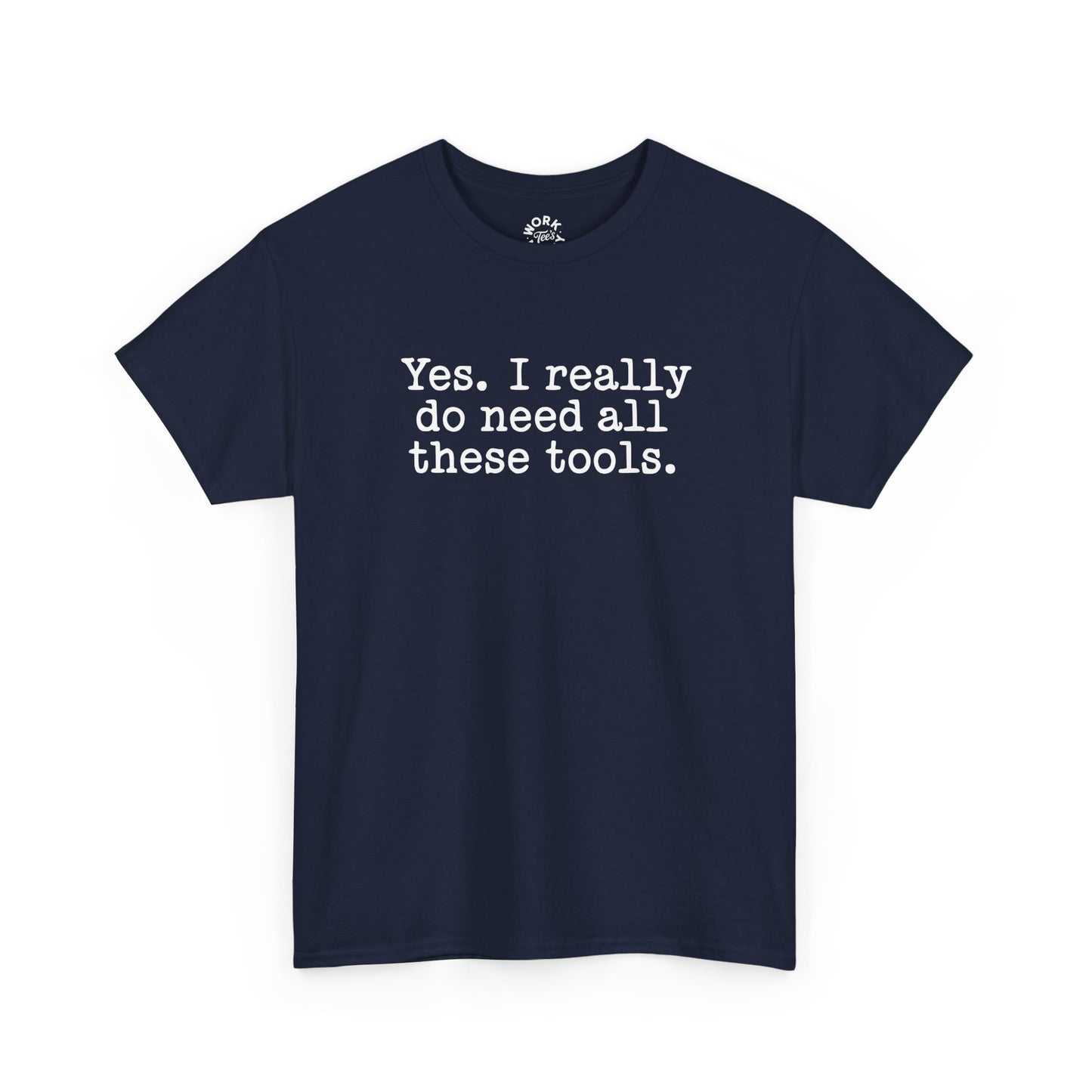 Navy blue t-shirt with white text on a white background