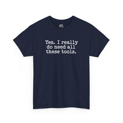 Navy blue t-shirt with white text on a white background
