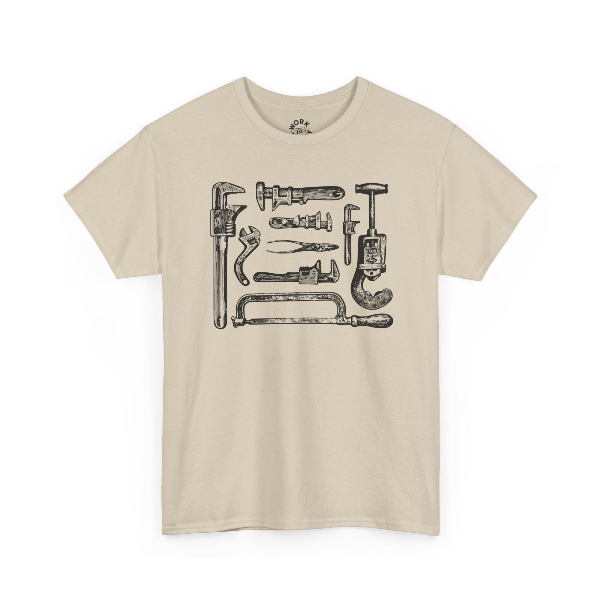 Beige t-shirt with black tool graphic on a white background