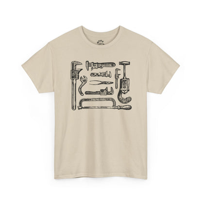 Beige t-shirt with black tool graphic on a white background