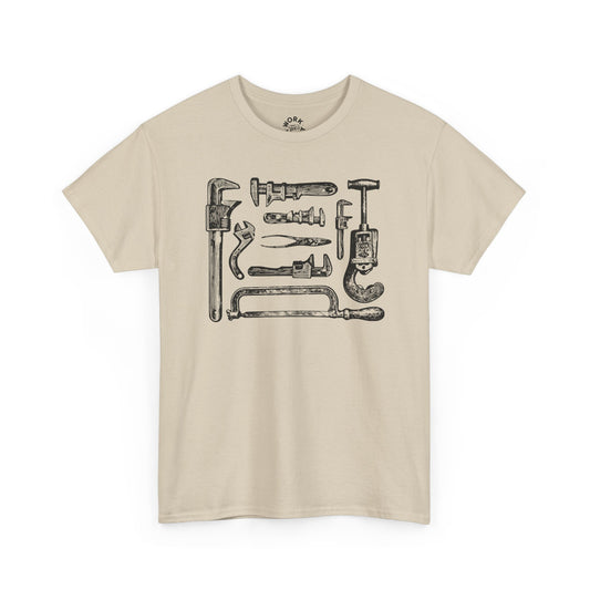 Beige t-shirt with black tool graphic on a white background
