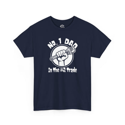 Navy blue t-shirt with white graphic and text on a white background