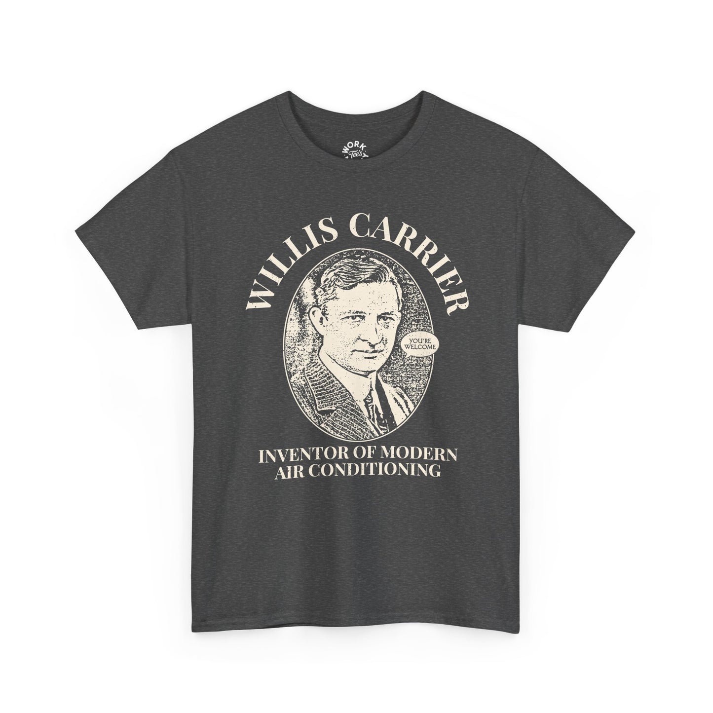 Gray t-shirt with a graphic of Willis Carrier and text on a white background