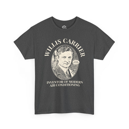 Gray t-shirt with a graphic of Willis Carrier and text on a white background