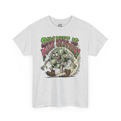 White t-shirt with a graphic design featuring a monster and text on a white background