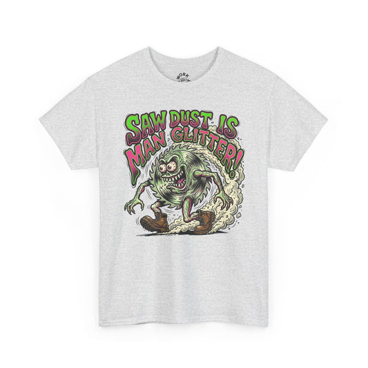 White t-shirt with a graphic design featuring a monster and text on a white background